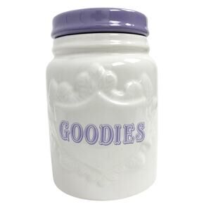 purple & white GOODIES ceramic JAR home decor gift Francesca's storage organizer